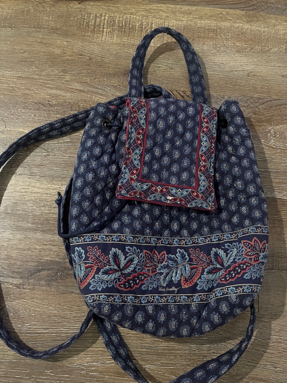 Vera Bradley Mimi Quilted Backpack in navy with Floral Border